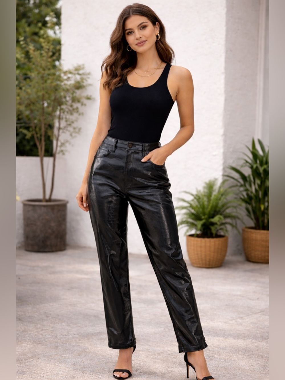 Abercrombie & Fitch 90s High Rise Faux Leather Pants Black Shiny Straight 29